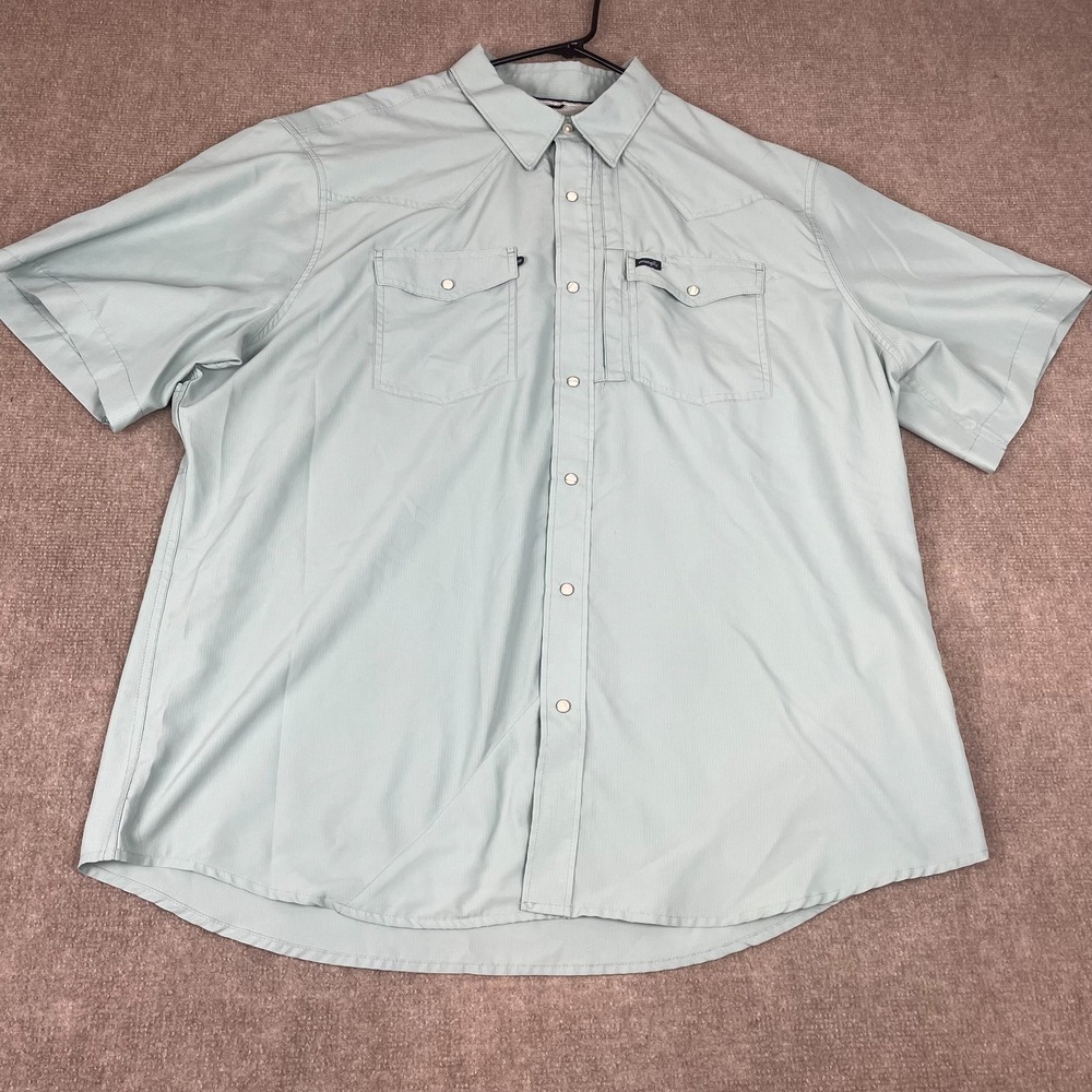 Wrangler Fishing Shirt Mens 2XL Gray Green Pearl Snap Short Sleeve Performance